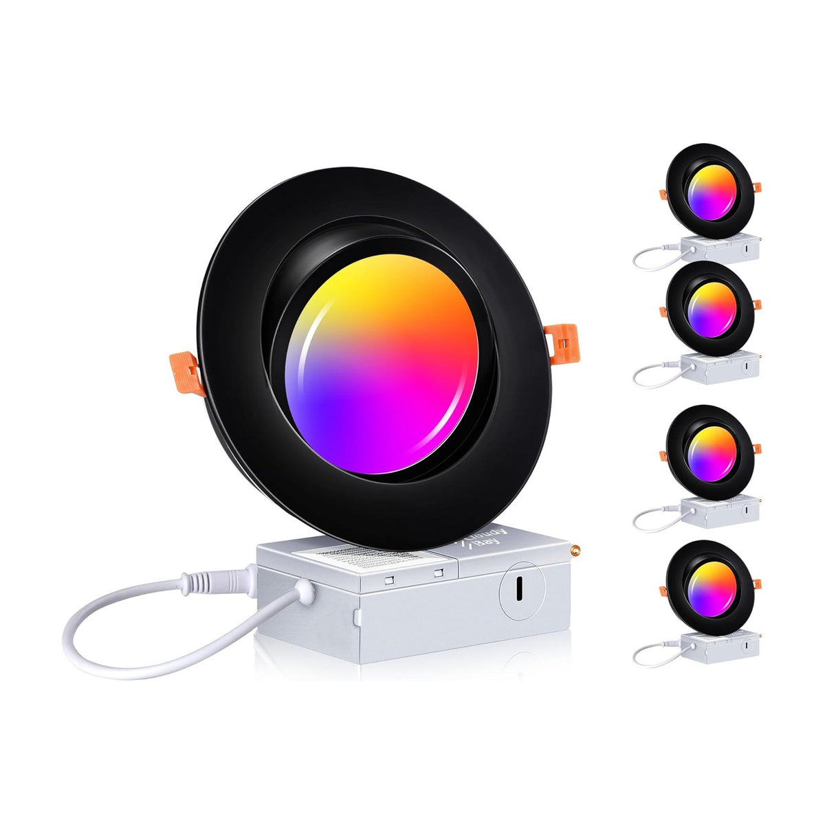 Cloudy Bay 4-pack of 6-inch smart black gimbal recessed downlights with RGB color-changing glow and junction boxes