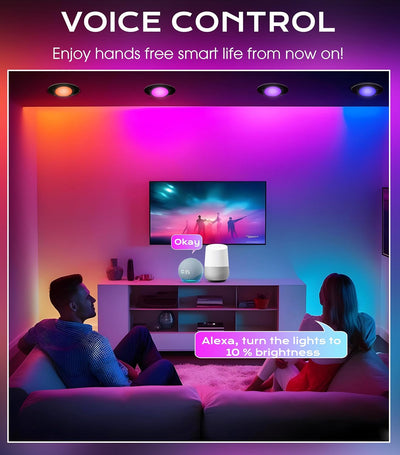 Smart WiFi LED Recessed Lights, 6 inch Gimbal, RGBCW Color Changing, Black, 4 PCs