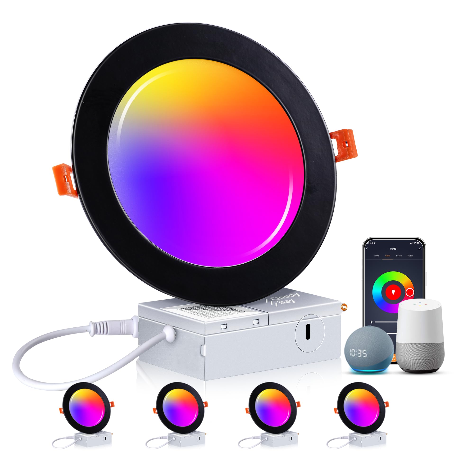 Cloudy Bay 4-pack of 6-inch black smart Wi-Fi recessed downlights, white background
