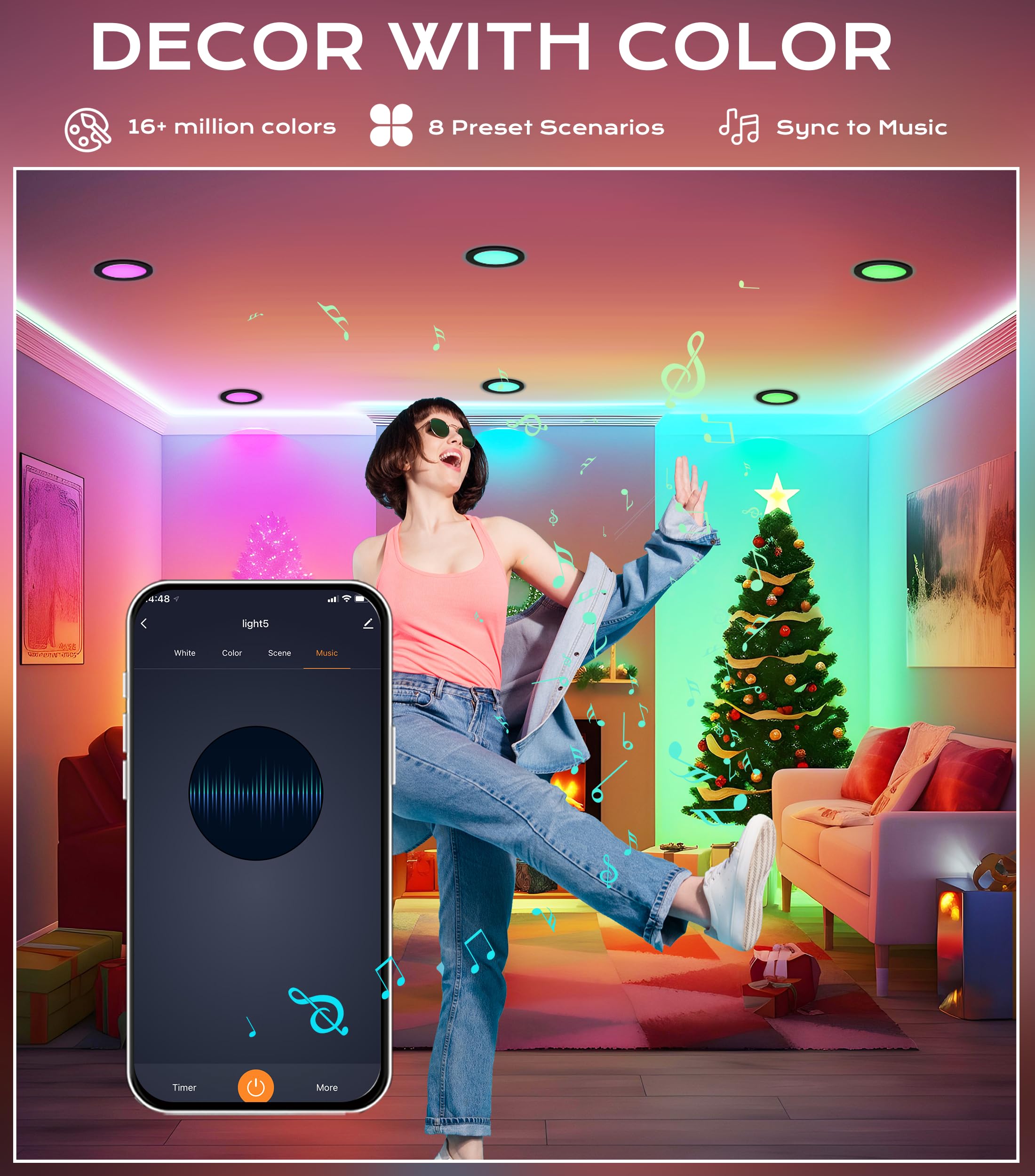 App control: color wheel, CCT and brightness sliders, scenes, schedules and music sync
