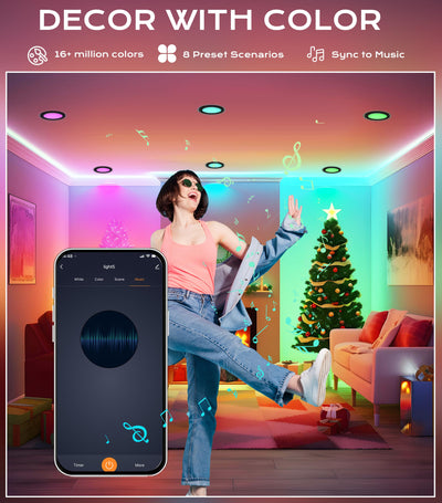 App control: color wheel, CCT and brightness sliders, scenes, schedules and music sync