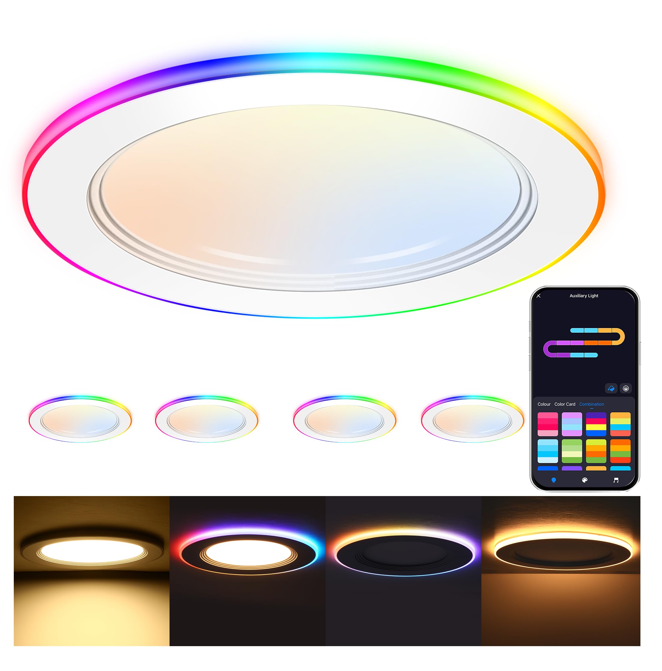 Cloudy Bay 4-pack of 6-inch RGB smart recessed lights shown lit with app color control