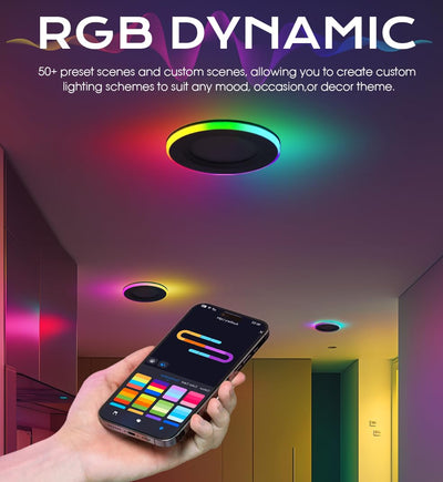 Smartphone app controlling RGB recessed lights glowing red, green and yellow in a modern room