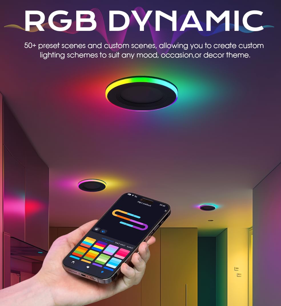 Smartphone app controlling RGB recessed lights glowing red, green and yellow in a modern room