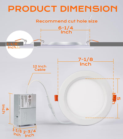 Dimension diagram of the slim 6-inch recessed light with cutout size, junction box, driver and cable measurements