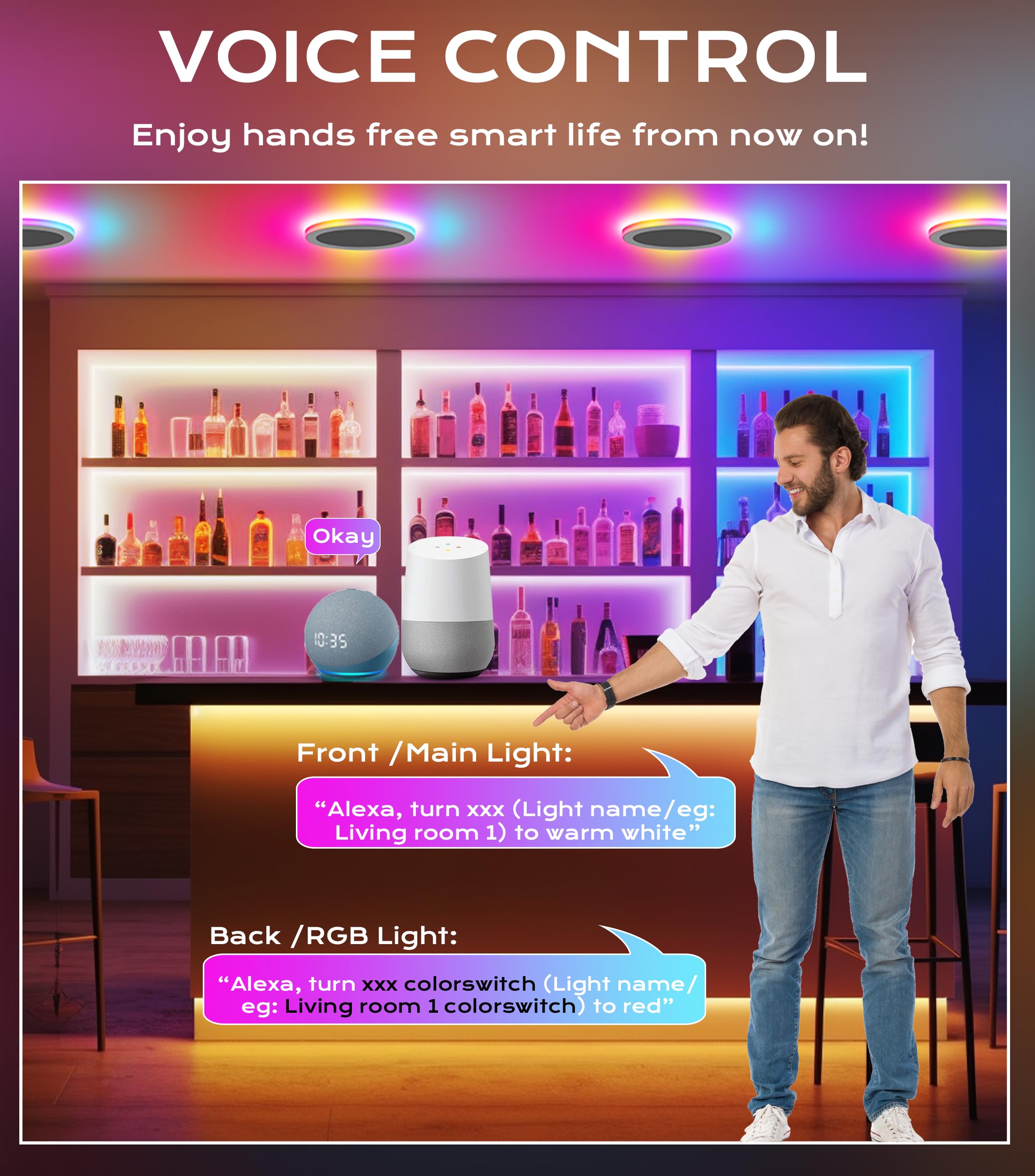 Controlling the RGB recessed lights with Alexa voice commands in a colorful home bar setting