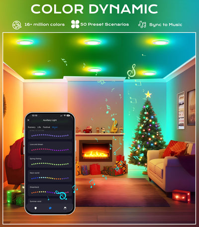 RGB recessed lights in a green-to-blue living room synced to music, with 50 preset mood scenes in the app