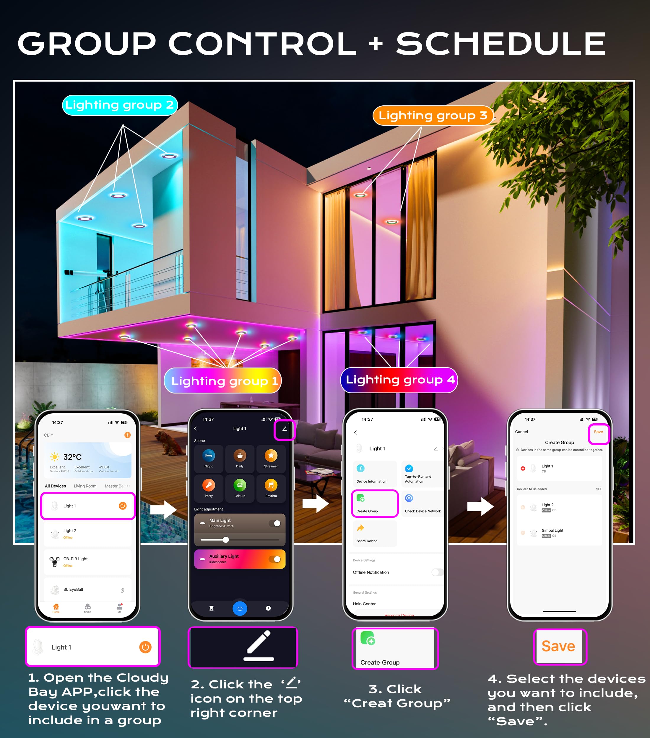 RGB recessed lights on a modern home exterior at night, with the Cloudy Bay app showing lighting group setup