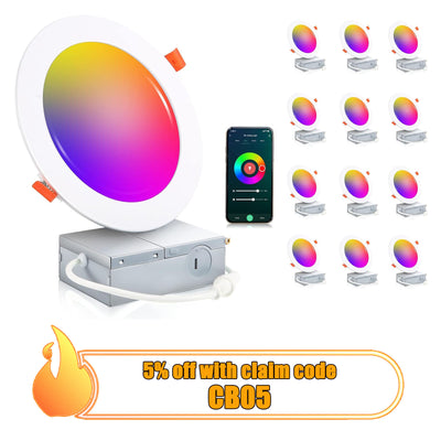 Smart Ultra Thin LED Recessed Light with Junction Box, WiFi, 6 Inch, White, 12 PCs