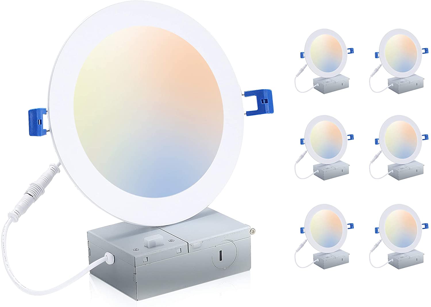 Ultra-Thin LED Recessed Ceiling Light with Junction Box,  6 inch,3000K/ 4000K/ 5000K Selectable 3CCT, Dimmable 10W/15W CRI 90+ Downlight, IC Rated, Air Tight, ETL/JA8, White Finish