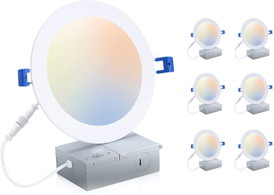 Ultra-Thin LED Recessed Ceiling Light with Junction Box,  6 inch, 3CCT, Dimmable 10W/15W CRI 90+ Downlight, IC Rated, Air Tight, ETL/JA8, White, 12 PCs