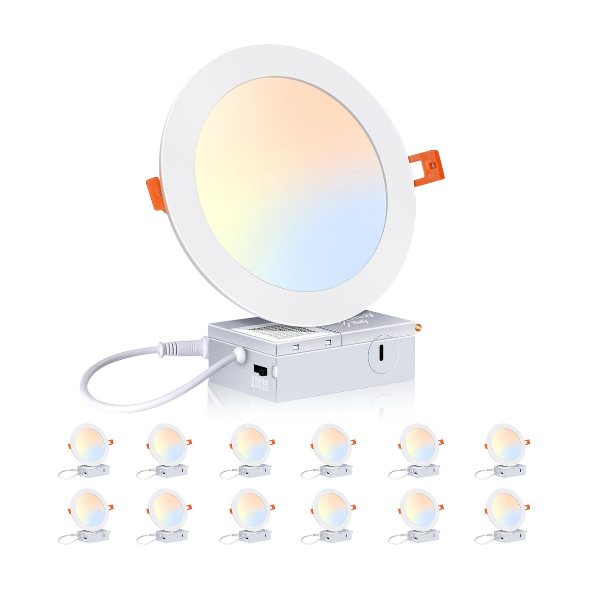 Pack of white ultra-thin LED recessed lights on a white background