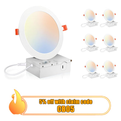 Ultra-Thin LED Recessed Light with Junction Box, 6 Inch, 5CCT, 120V 15W, White, 6 PCs