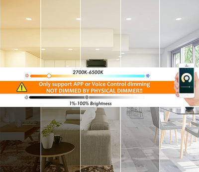 Smart Wifi Ultra Thin LED Recessed Light with Junction Box, 3 Inch,RGB CW Color Changing, Compatible with Alexa and Google Home Assistant, 2700K-6500K, CRI90+, Type IC, WET Location