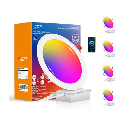 White smart LED downlight four-pack with driver boxes on white background and one large angled foreground unit