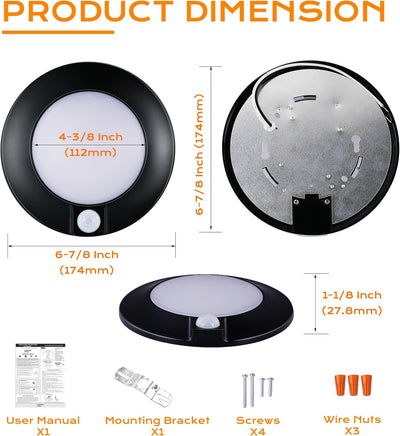 Motion Sensor Ceiling Light Indoor,120V CRI90 10W 5000K Bright Day Light,6.5 inch LED Flush Mount Ceiling Lighting Fixture for Garage,Walk-in Closet,Attic,Pantry Wet Location,Black, 2PK