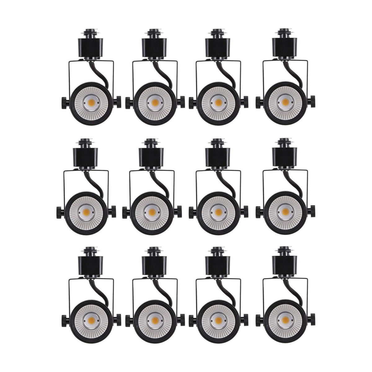 LED track light heads with adjustable gimbal design arranged in a grid on a white background