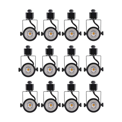 LED track light heads with adjustable gimbal design arranged in a grid on a white background