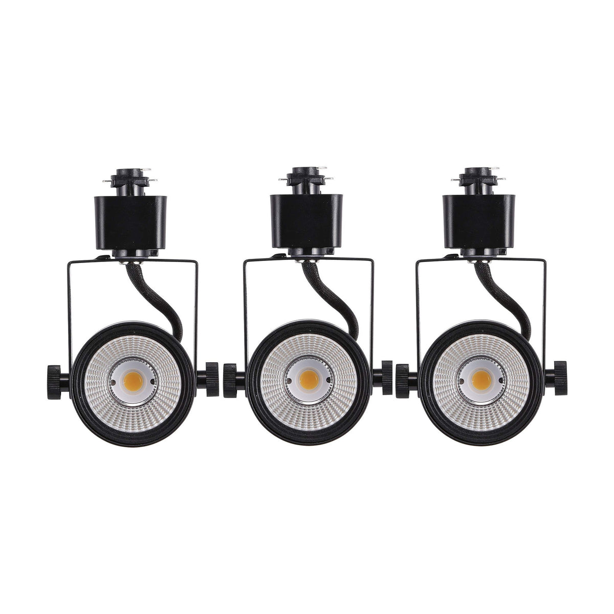 Three black LED track light heads with knurled knobs displayed on a white background