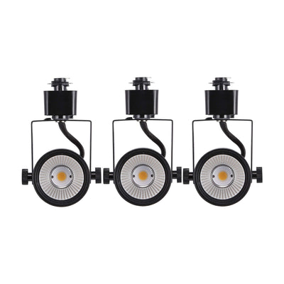 Three black LED track light heads with knurled knobs displayed on a white background