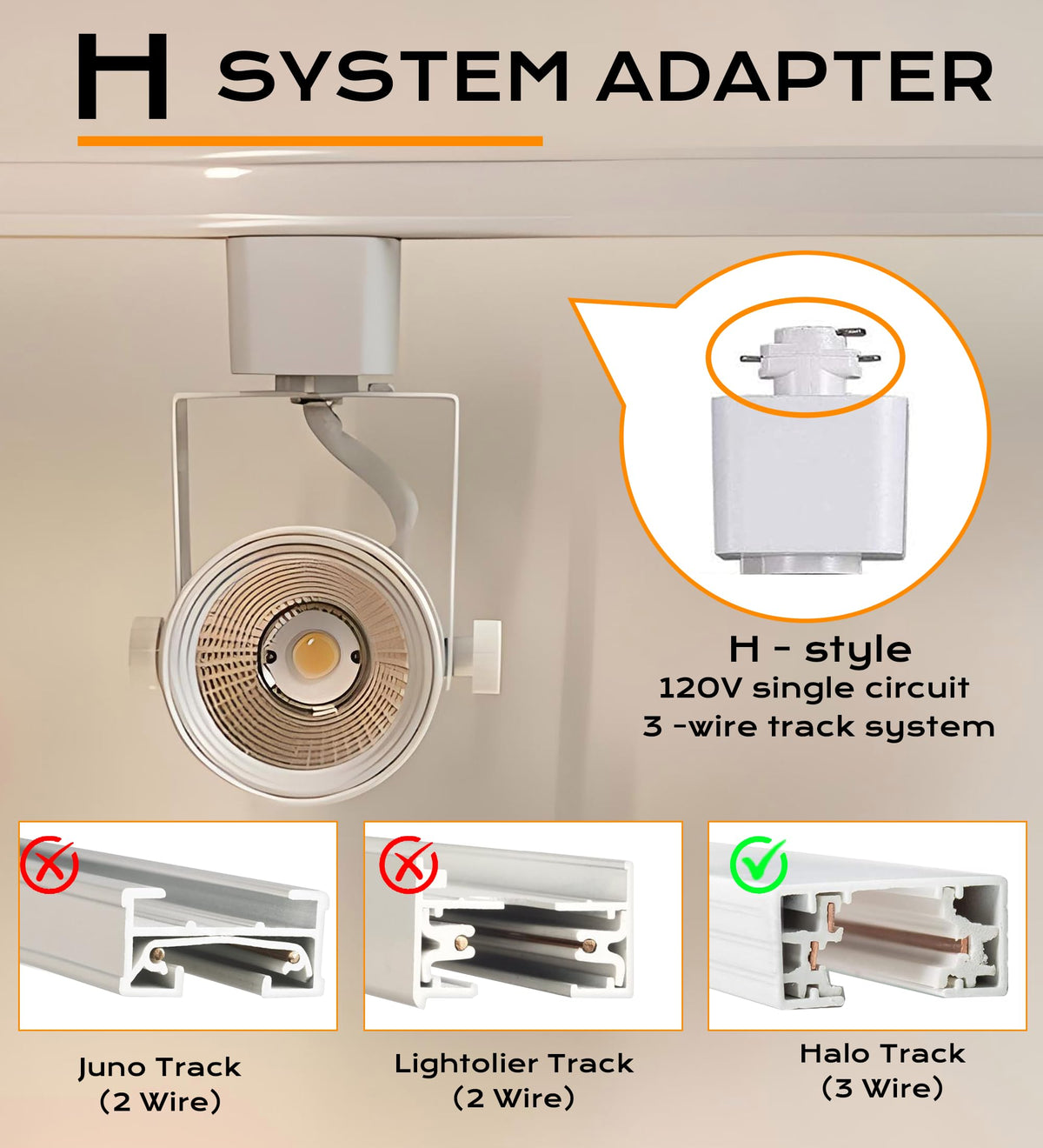 Rear view of white track light head showing square two-contact H-type track adapter base