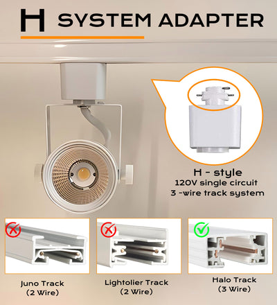 Rear view of white track light head showing square two-contact H-type track adapter base