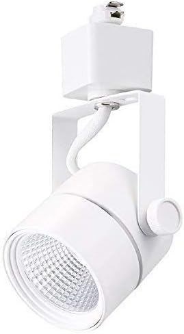 Angled view of white track light head with honeycomb anti-glare lens and aiming knob