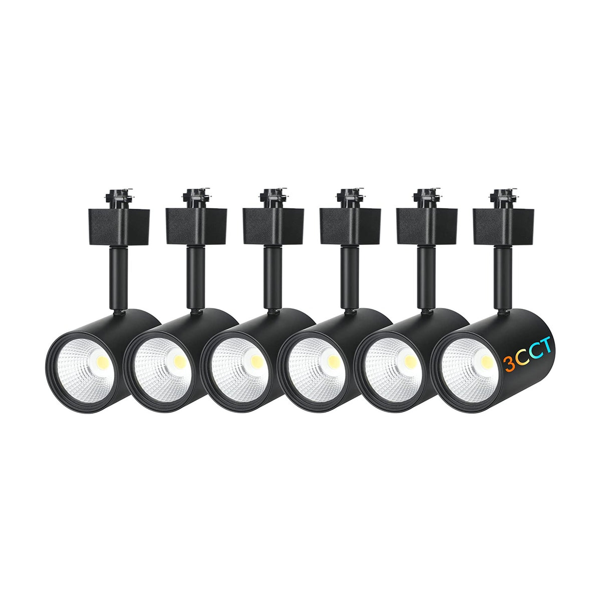 Six black LED track light heads with U-shaped brackets arranged in two rows on a white background