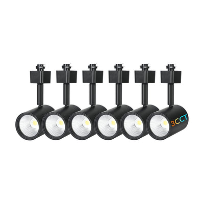 Six black LED track light heads with U-shaped brackets arranged in two rows on a white background