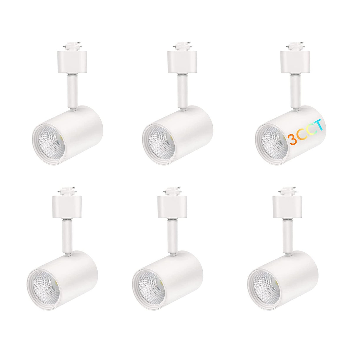 Six white LED track light heads with knurled knobs arranged in two rows on a white background