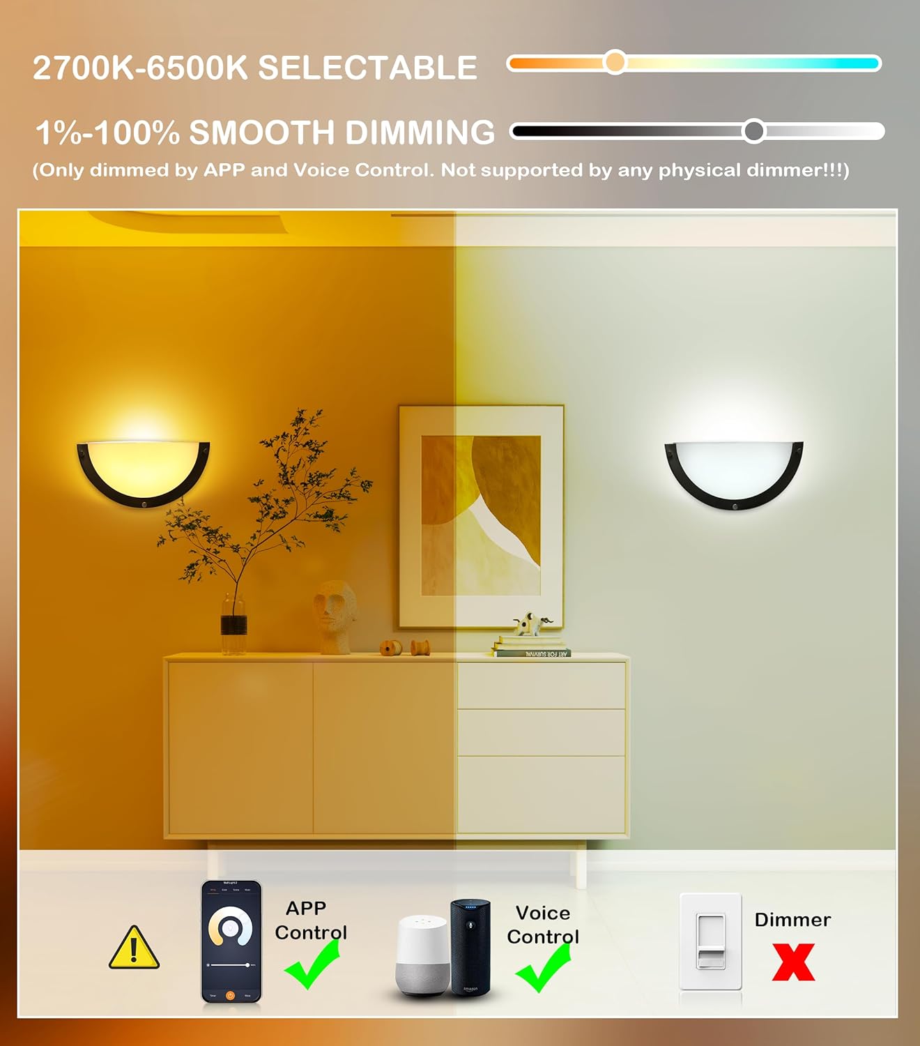 CLOUDY BAY Smart WiFi LED Wall Sconce,RGBCW Color Changing Wall Light,Compatible with Alexa and Google Home Assistant,No Hub Required,15W 2700K-6500K,CRI90+,Brushed Nickel