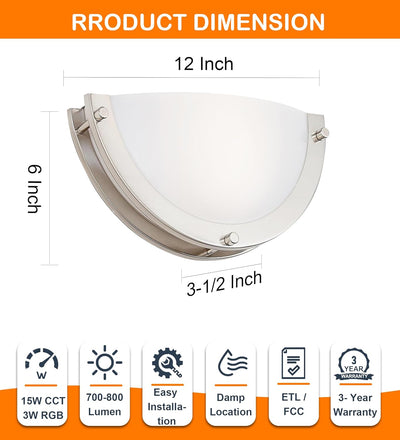 CLOUDY BAY Smart WiFi LED Wall Sconce,RGBCW Color Changing Wall Light,Compatible with Alexa and Google Home Assistant,No Hub Required,15W 2700K-6500K,CRI90+,Brushed Nickel