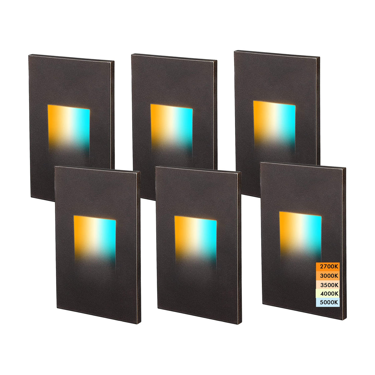 Cloudy Bay Six oil rubbed bronze step lights in a 2x3 grid with 2700K to 5000K color temperature swatch, 6-pack
