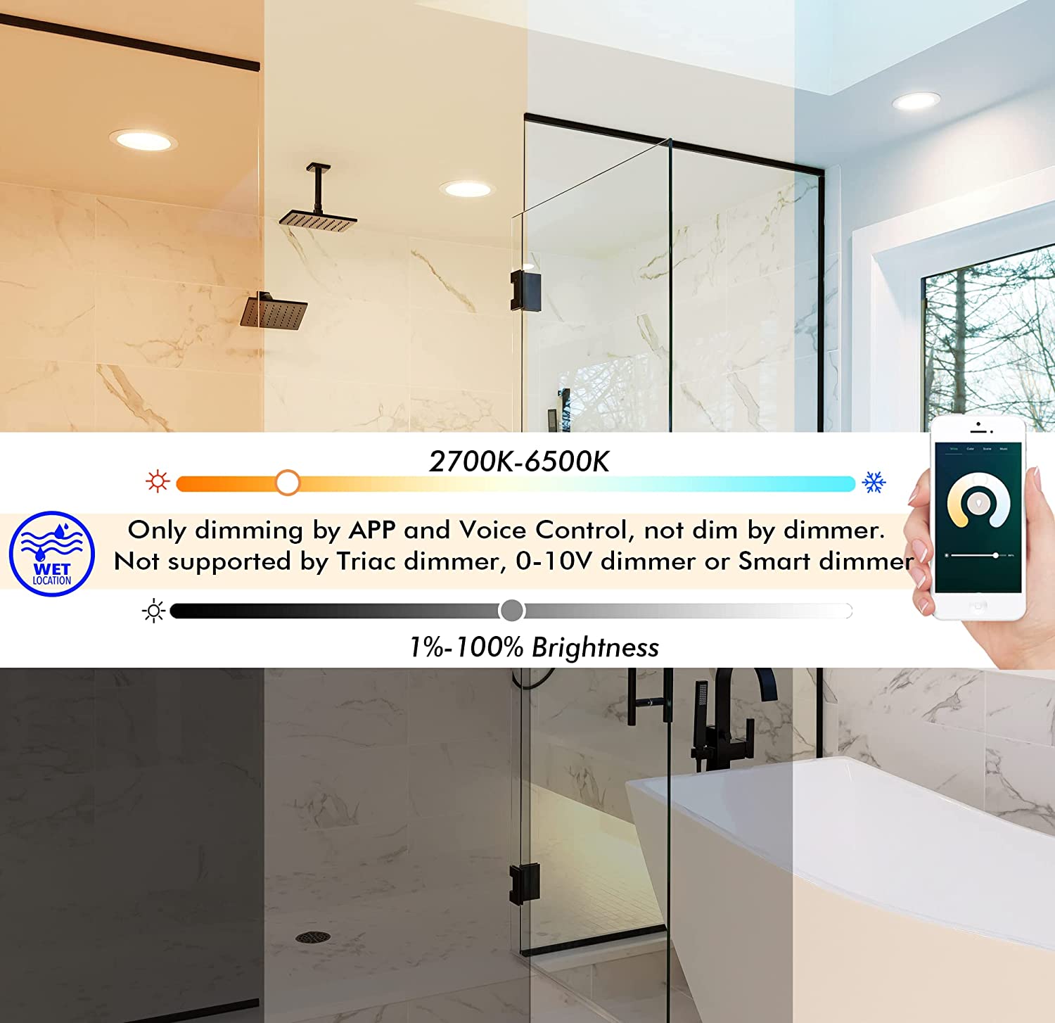 Smart Wifi Ultra Thin LED Recessed Light with Junction Box, 3 Inch,RGB CW Color Changing, Compatible with Alexa and Google Home Assistant, 2700K-6500K, CRI90+, Type IC, WET Location