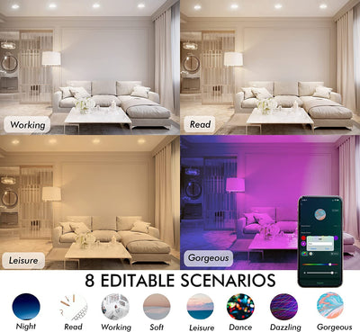 Smart Wifi Ultra Thin LED Recessed Light with Junction Box, 3 Inch,RGB CW Color Changing, Compatible with Alexa and Google Home Assistant, 2700K-6500K, CRI90+, Type IC, WET Location
