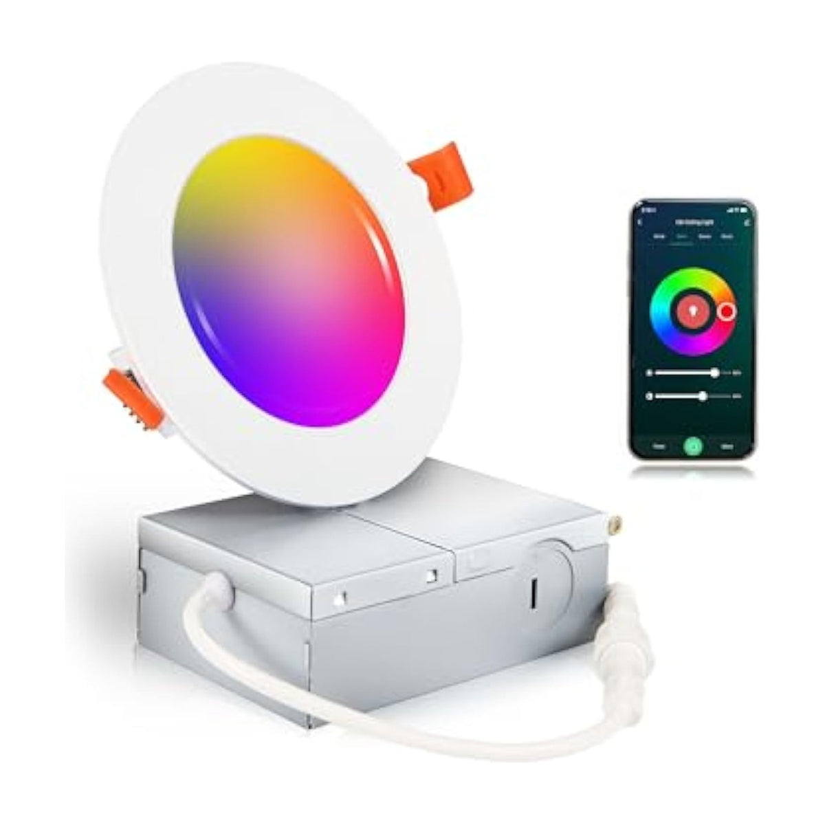 Cloudy Bay Smart RGB and CCT LED downlight feature card with phone app: color wheel, brightness and temperature sliders,