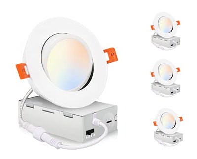 5 Color 4 Inch Swivel LED Gimbal Recessed Light with Junction Box, IC Rated Air Tight, 120V CRI90+, 2700K/3000K/3500K/4000K/5000K Temperature Selectable,White, Pack of 4