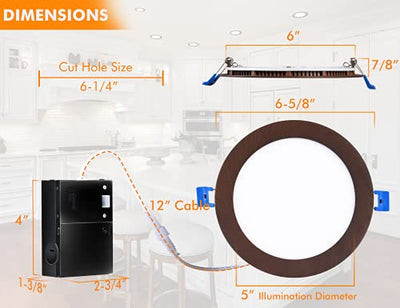 Ultra-Thin LED Recessed Ceiling Light with Junction Box, 6 Inch, 3CCT, Dimmable 15W CRI90+ Downlight, IC Rated, Air Tight, ETL/JA8, Oil Rubbed Bronze, 6 PCs