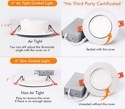 5 Color 4 Inch Swivel LED Gimbal Recessed Light with Junction Box, IC Rated Air Tight, 120V CRI90+, 2700K/3000K/3500K/4000K/5000K Temperature Selectable,White, Pack of 4