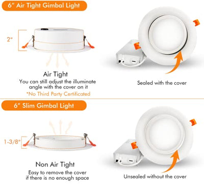 5 Color 6 Inch 15W Swivel LED Gimbal Recessed Light with Junction Box, IC Rated Air Tight Flicker Free,120V CRI90+, 2700K/3000K/3500K/4000K/5000K Temperature Selectable,White, Pack of 4