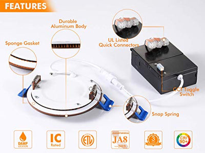 Ultra-Thin LED Recessed Ceiling Light With Junction Box, 4 Inch 3000K/ 4000K/ 5000K Selectable 3CCT, Dimmable 10W/15W CRI90+ Downlight, IC Rated, Air Tight, ETL/JA8, Oil Rubbed Bronze, 6 Pack