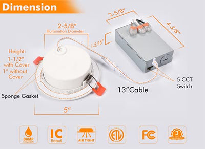 5 Color 4 Inch Swivel LED Gimbal Recessed Light with Junction Box, IC Rated Air Tight, 120V CRI90+, 2700K/3000K/3500K/4000K/5000K Temperature Selectable,White, Pack of 4