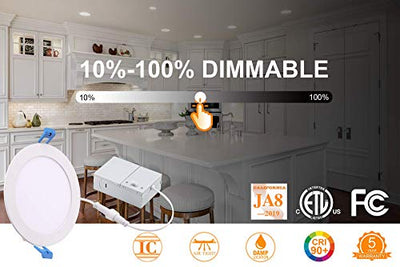 Ultra-Thin LED Recessed Ceiling Light with Junction Box,  6 inch, 3CCT, Dimmable 10W/15W CRI 90+ Downlight, IC Rated, Air Tight, ETL/JA8, White, 12 PCs