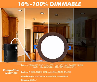 Ultra-Thin LED Recessed Ceiling Light with Junction Box, 6 Inch, 3CCT, Dimmable 15W CRI90+ Downlight, IC Rated, Air Tight, ETL/JA8, Oil Rubbed Bronze, 6 PCs