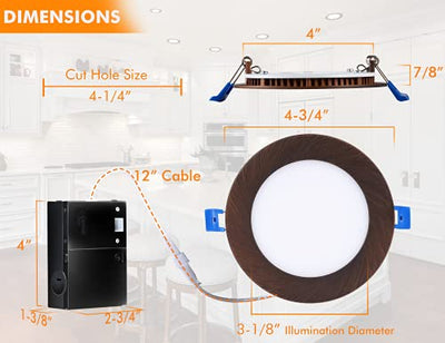 Ultra-Thin LED Recessed Ceiling Light With Junction Box, 4 Inch 3000K/ 4000K/ 5000K Selectable 3CCT, Dimmable 10W/15W CRI90+ Downlight, IC Rated, Air Tight, ETL/JA8, Oil Rubbed Bronze, 6 Pack