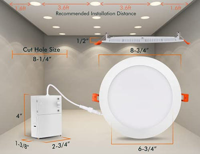 Ultra-Thin LED Recessed Ceiling Light with Junction Box, 8 Inch, 5CCT, Dimmable 20W CRI 90+ Downlight, IC Rated, ETL Listed, White Finish, 6 PCs