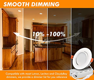 5 Color 4 Inch Swivel LED Gimbal Recessed Light with Junction Box, IC Rated Air Tight, 120V CRI90+, 2700K/3000K/3500K/4000K/5000K Temperature Selectable,White, Pack of 4