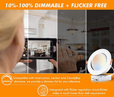 5 Color 6 Inch 15W Swivel LED Gimbal Recessed Light with Junction Box, IC Rated Air Tight Flicker Free,120V CRI90+, 2700K/3000K/3500K/4000K/5000K Temperature Selectable,White, Pack of 4