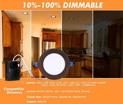 Ultra-Thin LED Recessed Ceiling Light With Junction Box, 4 Inch 3000K/ 4000K/ 5000K Selectable 3CCT, Dimmable 10W/15W CRI90+ Downlight, IC Rated, Air Tight, ETL/JA8, Oil Rubbed Bronze, 6 Pack