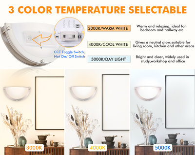 Back-of-fixture toggle switch close-up beside the brushed nickel sconce in three color temperature comparisons